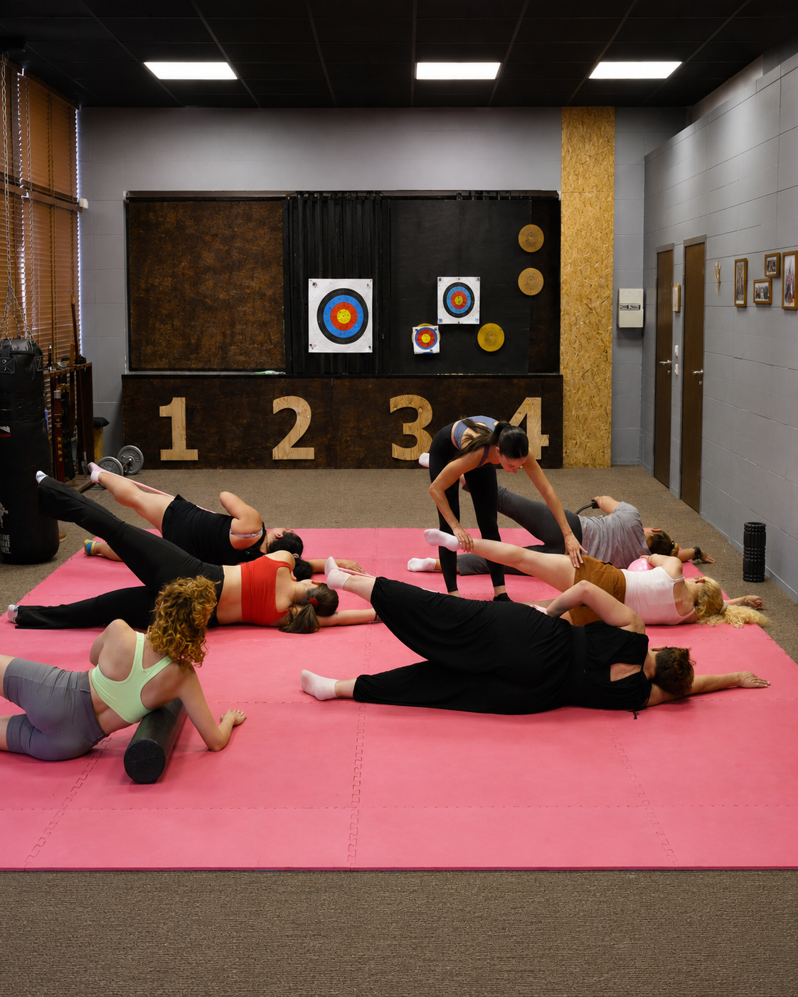 Mat Pilates τάξη στον Α.Σ. ΑΝΑΣΑ με ροζ στρώματα